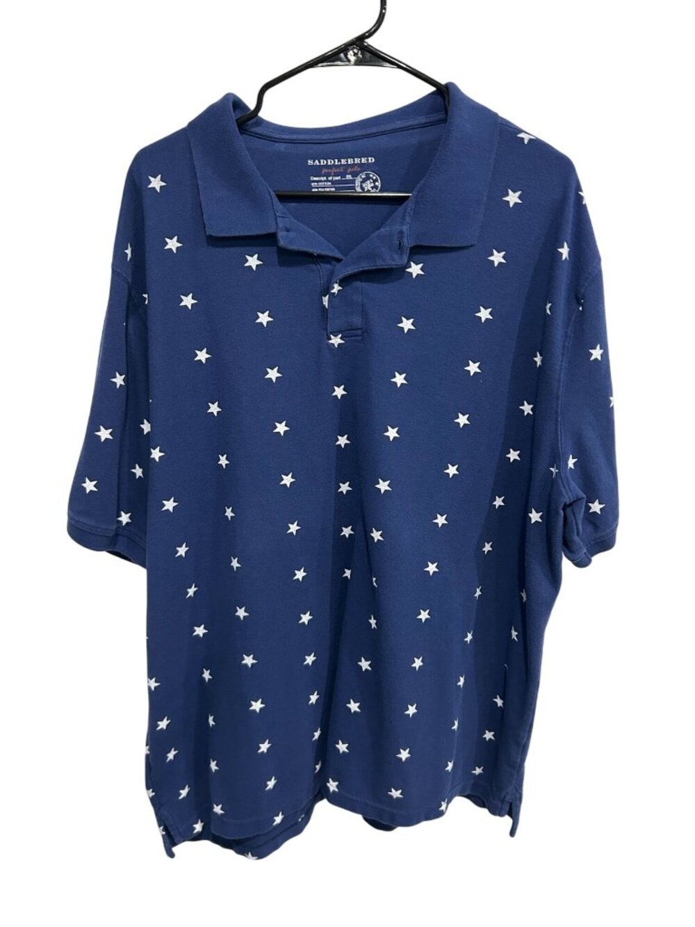 Saddlebred XXL Mens Navy Star-Print Polo Shirt Cotton Blend Kitschy Retro